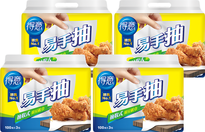 得意 抽取式廚房紙巾 易手抽 100抽, 3包, 4袋