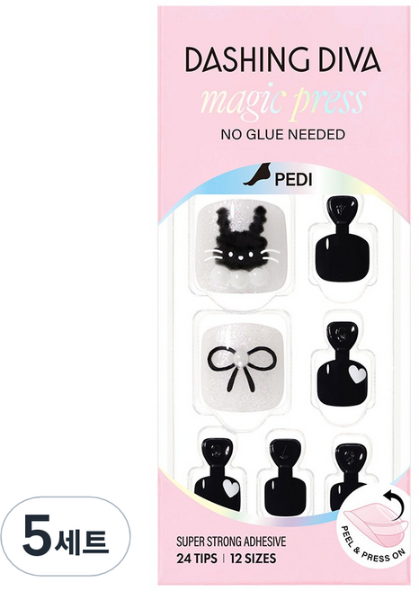 데싱디바 매직프레스 페디 블랙 래빗 세트, 5세트, 블랙 + 실버 + 화이트