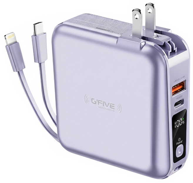 G'FIVE 基伍 勁量無線充多功能行動電源 10000mAh USB-A + USB-C, 紫色, GP-W10S