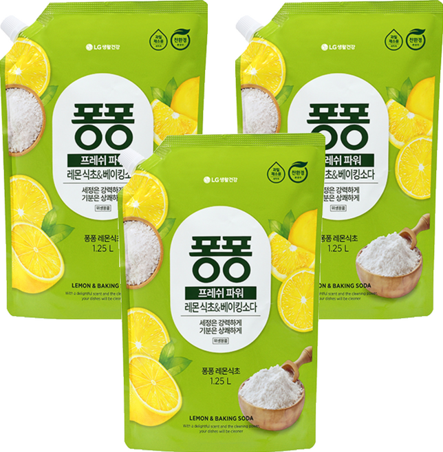 퐁퐁 프레시파워 레몬 식초 앤 베이킹소다, 3개, 1.25L