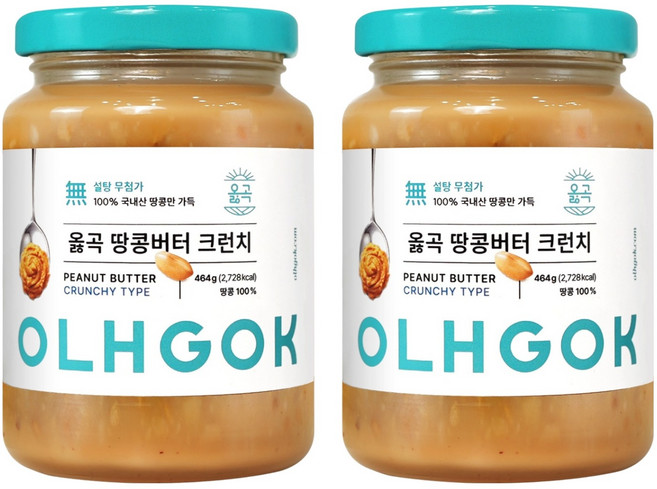 옳곡 100% 국내산 땅콩버터 크런치, 464g, 2개