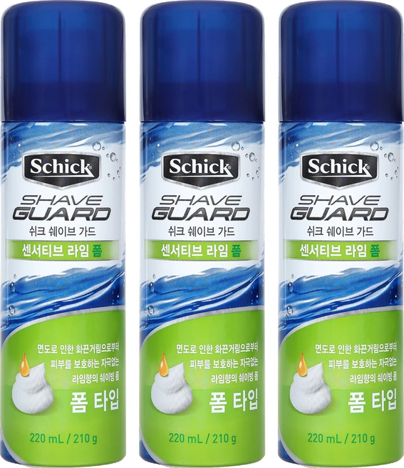 쉬크 쉐이브 가드 센서티브 라임 쉐이빙폼, 220ml, 3개 - 쿠팡