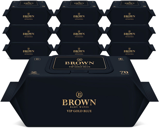 브라운 VIP 골드 블루 도톰한 엠보싱 저자극 아기 물티슈 캡형, 80g, 70매, 10개