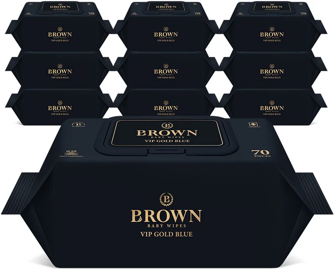 브라운 VIP 골드 블루 도톰한 엠보싱 저자극 아기 물티슈 캡형, 80g, 70매, 10개 - 쿠팡