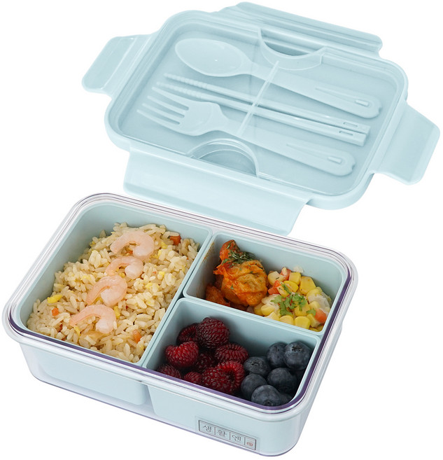 생활엔 BPA FREE 클리어 칸칸이 도시락 3칸, 블루, 1세트