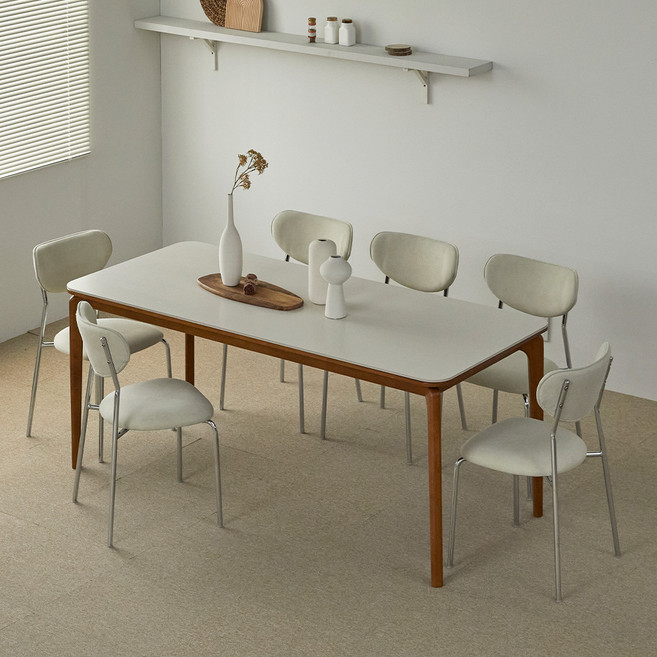 파로마 리샤르 세라믹 원목식탁 1800 + 의자6p 세트 6인용 방문설치, 월넛(프레임), 월넛베이지(상판), 화이트(의자)