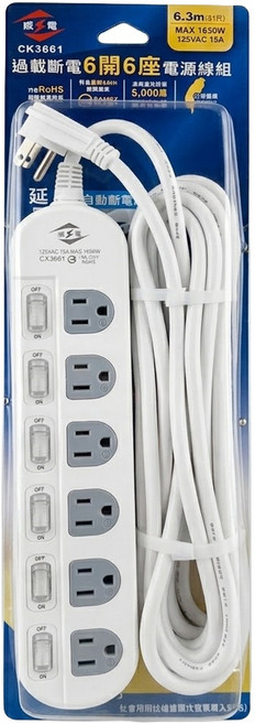 WeiTien 威電 過載斷電6開6座電源線組 3孔 CK3661, 6.3m, 白色 開關顏色隨機, 1條