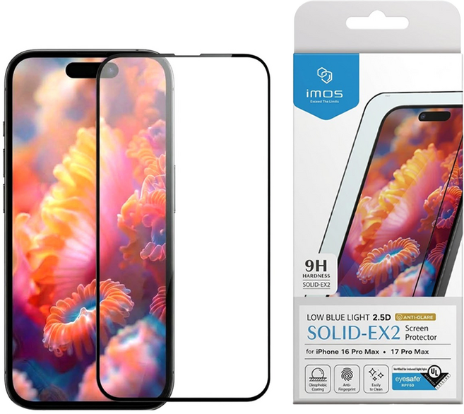 imos SOLID-EX2 智慧型手機 2.5D 玻璃保護貼 iPhone 16 Pro Max / 17 Pro Max 低藍光 霧面 9H 1個