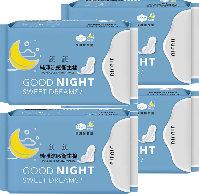 JIUJIU 親親 純淨涼感衛生棉, 夜用加長型(35cm), 6片, 4包