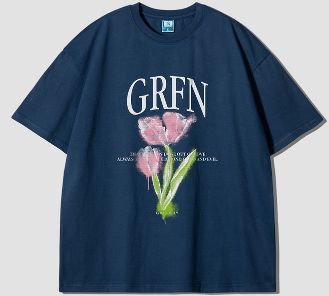 그랜피니 어센틱 통기성 오버핏 로고 플라워 프린팅 라운드 20수 반팔 티셔츠
