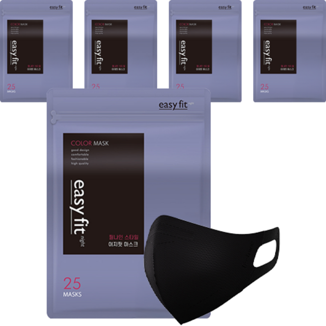 필나인 귀편한 이지핏 2D 새부리형 컬러 마스크 대형, 25개입, 5개, 시크 블랙