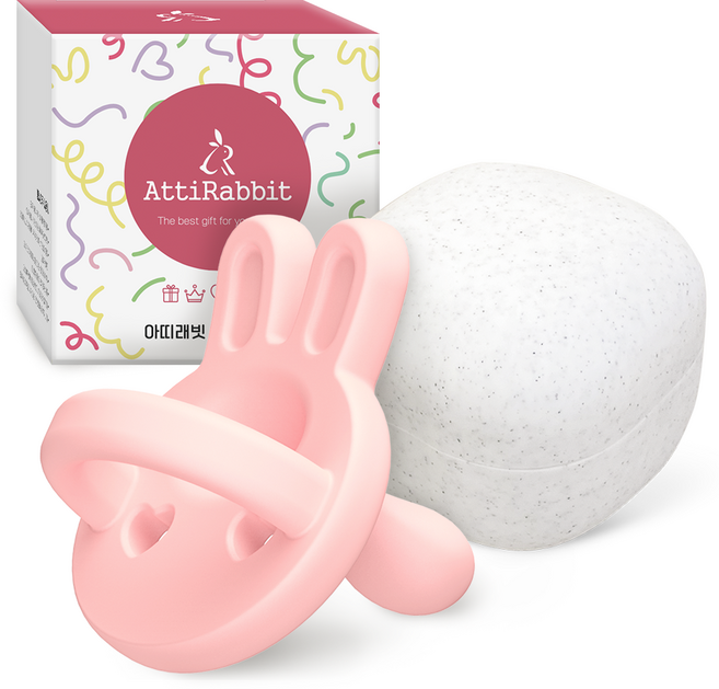 아띠래빗 올실리콘 토끼 쪽쪽이 노리개 젖꼭지 + 전용 케이스 세트, 1~15개월, 아띠핑크, 1세트