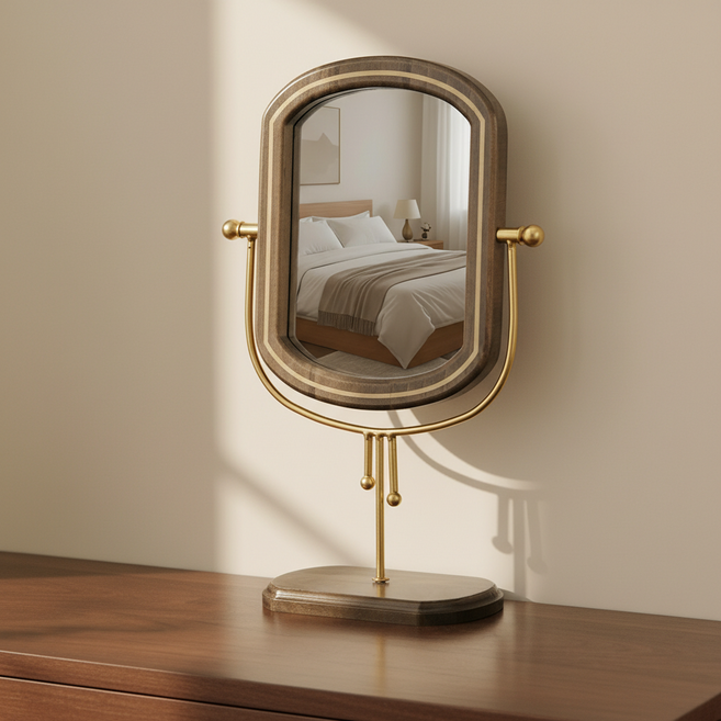 오레뉴 레트로 원목 회전식 탁상거울, 골드