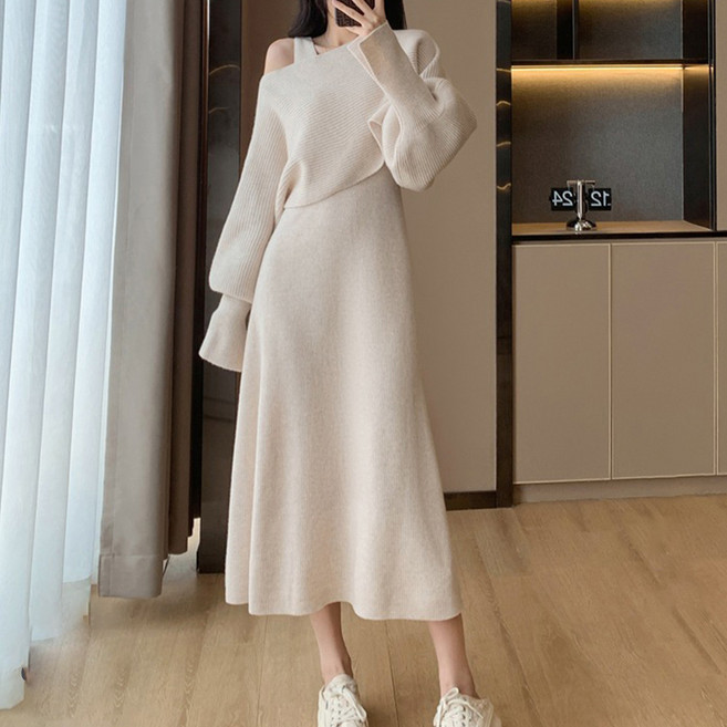 페이퍼먼츠 오프숄더 니트 라운드 원피스 세트 07814