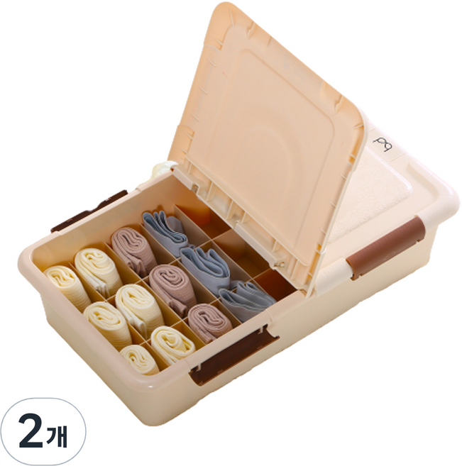 마이닝 뚜껑있는 플라스틱 16칸 속옷정리함, 2개, 베이지