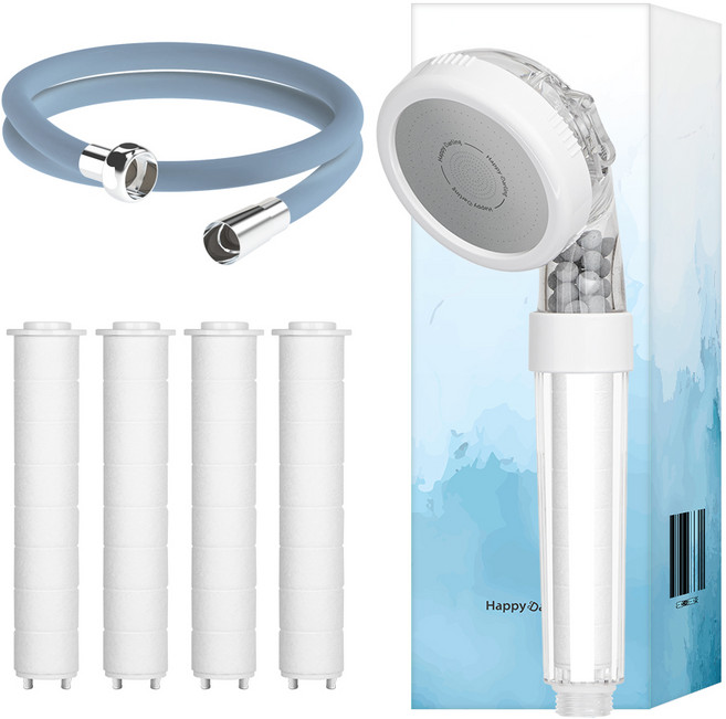 해피달링 3WAY 필터 샤워기 + 필터 4개 + 리플랜 샤워호스 2m 세트, 1세트, 데님블루
