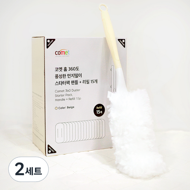코멧 홈 360도 풍성한 핸들 먼지떨이 스타터팩 + 리필 15p 세트, 화이트, 2세트