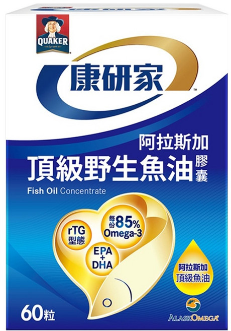 QUAKER 桂格 康研家 頂級野生魚油膠囊 85% 高濃度/1.2g Omega-3/EPA/DHA/阿拉斯加野生鱈魚, 60顆, 1盒