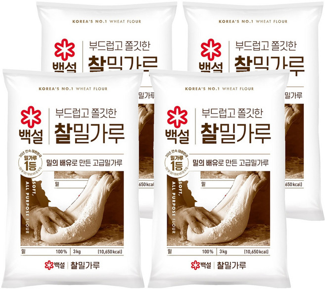 백설 찰밀가루, 3kg, 4개