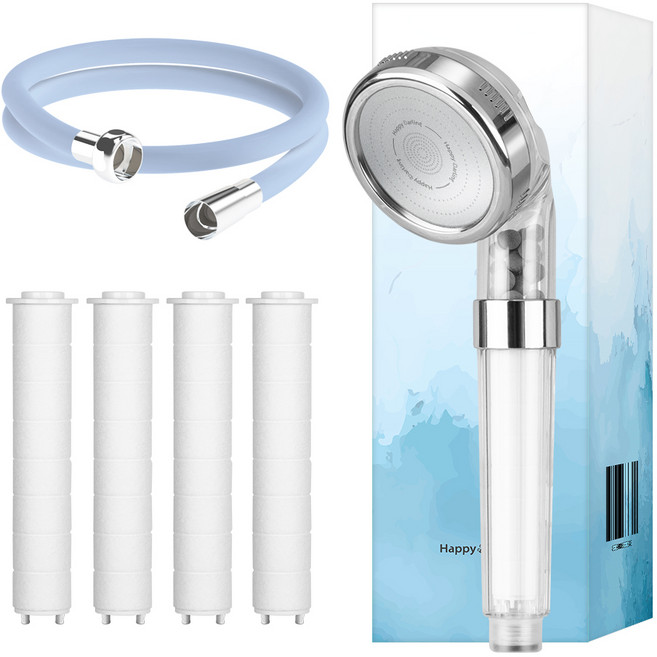 해피달링 미네랄 4단 샤워기 헤드 + 필터 4p + 샤워기 호스 2m 세트, 1세트, 리플랜 베이비블루