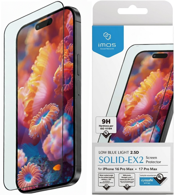 imos RPF80 玻璃保護貼 iPhone 16 Pro Max / 17 Pro Max 低藍光 2.5D 亮面 1個