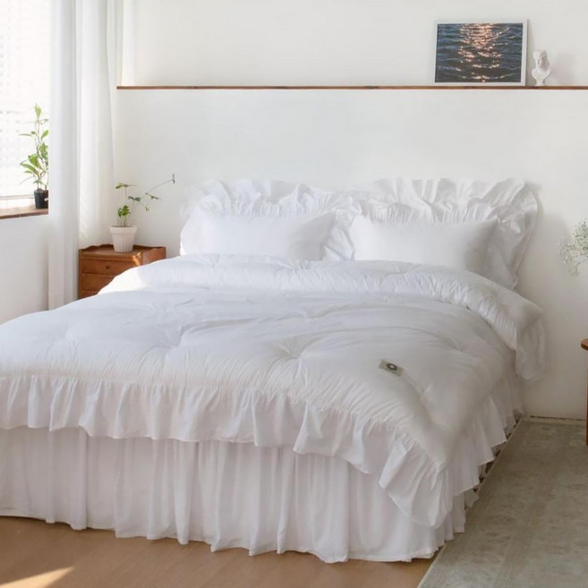 yesbedding 韓國製造 高密度 Supima 棉 100支 法式荷葉邊 飯店薄被, 白色