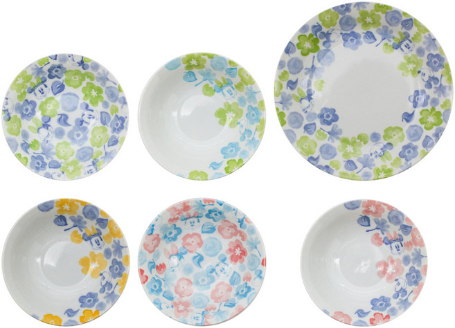 Sango 三鄉陶器 米奇米妮花卉碗盤組 3211-01, 米奇米妮花卉, 5個碗 + 盤子, 1組