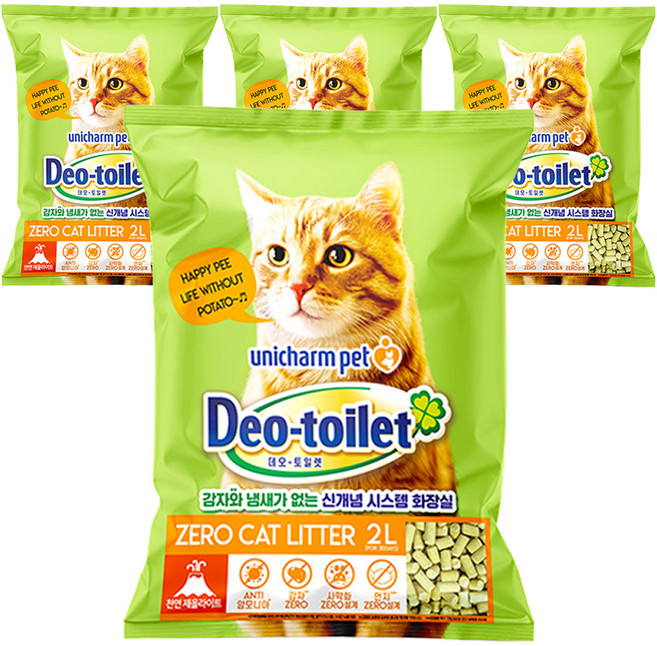 유니참데오토일렛 비응고형 감자 & 사막화 Zero 고양이 모래, 2L, 4개, 무향