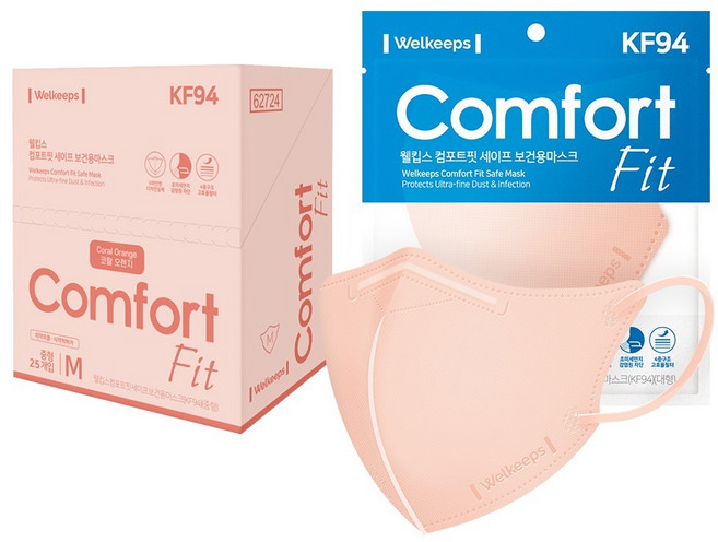 웰킵스 컴포트핏 세이프 보건용 새부리형 컬러 마스크 중형 KF94, 25개입, 1개, 코랄오렌지