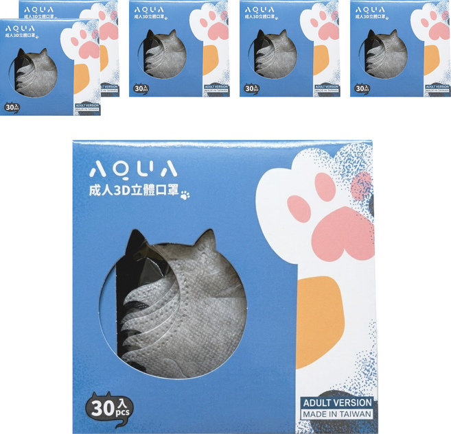 AQUA MASK 水舞生醫 成人貓掌3D立體醫療口罩 未滅菌, 6個, 30片, 沙特灰