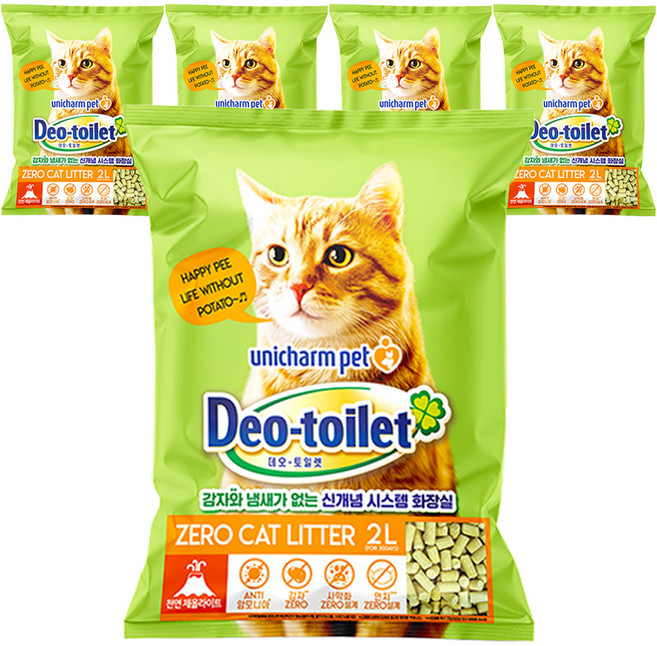 유니참데오토일렛 비응고형 감자 & 사막화 Zero 고양이 모래, 2L, 5개, 무향