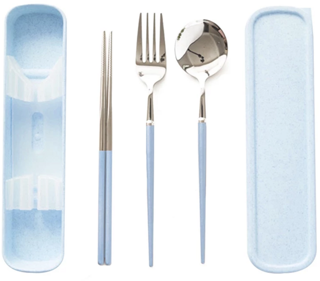 美的冒泡 304不銹鋼餐具組 編號02-05 餐盒23x6x2.8cm 筷子20.5cm 叉子21.5x2.5cm 湯匙21x4.5cm, 餐盒 + 筷子 + 叉子 + 湯匙, 淺藍色, 1組