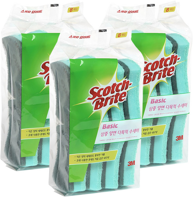 스카치브라이트 베이직 삼중양면 다목적 수세미, 8개입, 3개