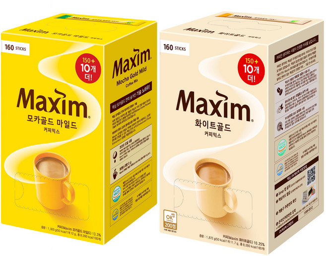 맥심 화이트골드 11.7g x 160p + 모카골드 마일드 12g x 160p 커피믹스 세트, 1세트