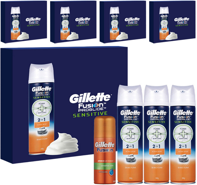 질레트 퓨전 프로글라이드 센서티브 2in1 액티브 스포츠 쉐이빙폼 245g 3개 +퓨전하이드라젤 70g 1개, 5세트