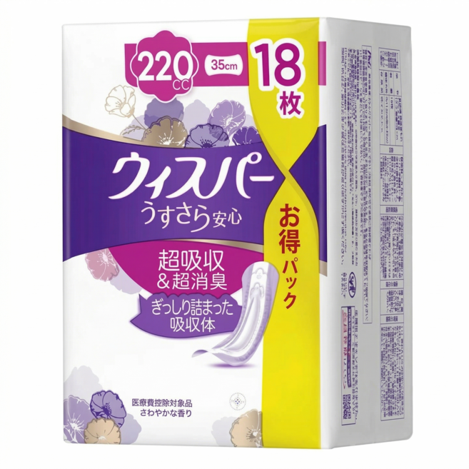 whisper 好自在 日本原裝進口 纖薄防漏加強成人護墊 成人尿布 220cc, 35cm, 18片, 1包