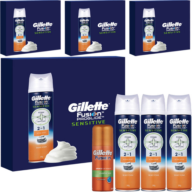 질레트 퓨전 프로글라이드 센서티브 2in1 액티브 스포츠 쉐이빙폼 245g 3개 +퓨전하이드라젤 70g 1개, 4세트