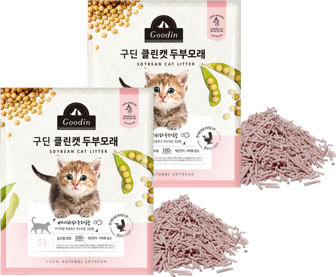 구딘 응고형 클린캣 두부 고양이 모래, 5L, 2개, 베이비파우더향