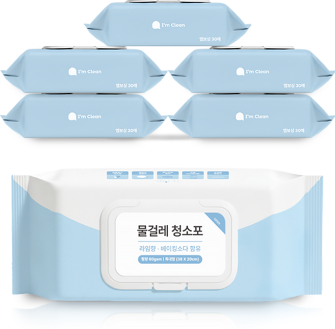 아임클린 물걸레 청소포 특대형 캡형 라임향 30매, 6개