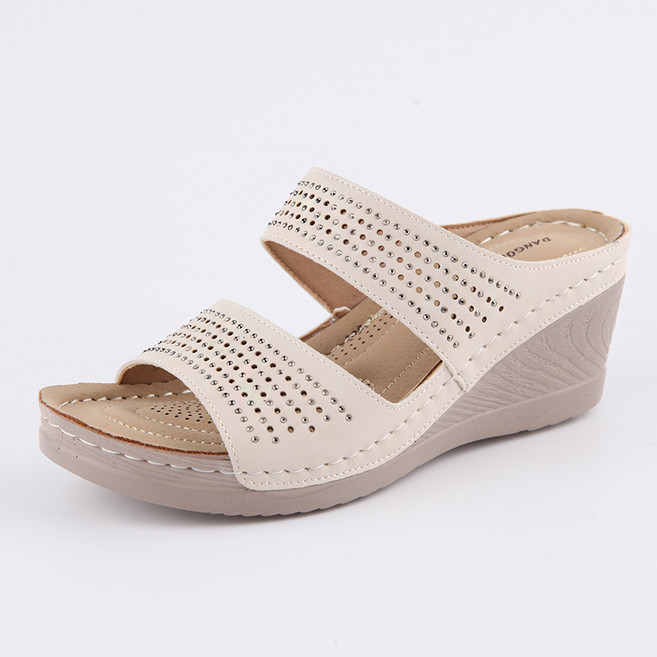 단골언니 여성용 스콘 레이저 펀칭 보석장식 웨지 통굽 슬리퍼