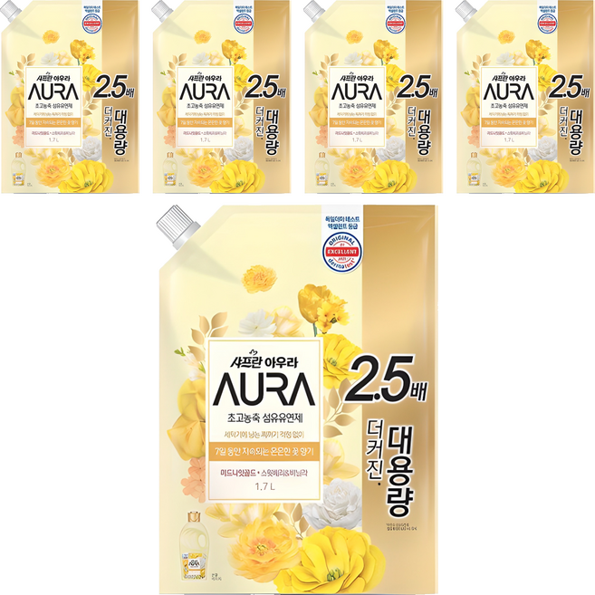 아우라 섬유유연제 미드나잇 골드 알파 리필, 1.7L, 5개