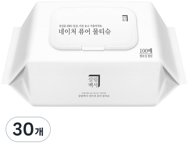살림백서 네이처 퓨어 아기물티슈 캡형, 100매, 30개