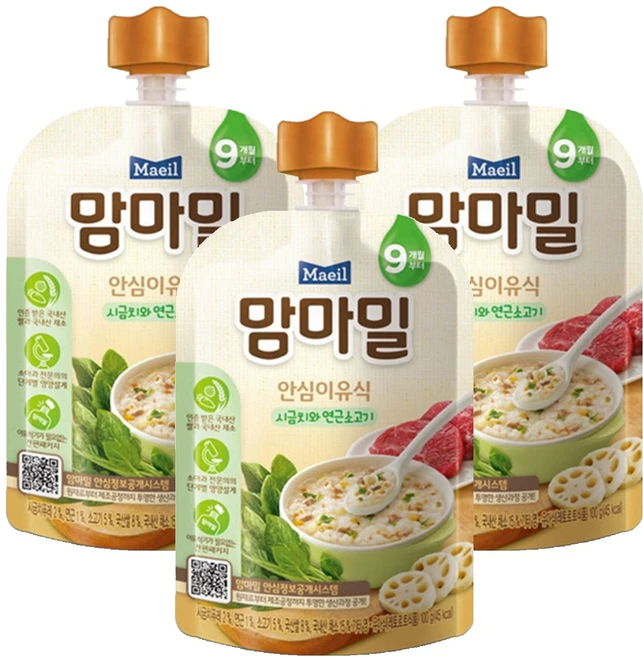 맘마밀 안심 이유식 9개월부터, 시금치와 연근소고기, 100g, 3개 - 쿠팡