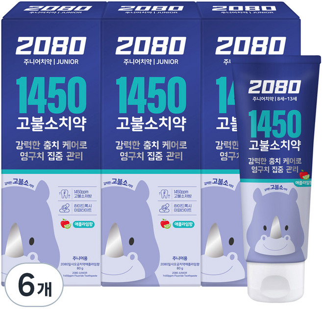 2080 일사오공 고불소 주니어 치약, 80g, 6개