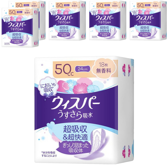 whisper 好自在 日本原裝進口 舒爽超吸收成人護墊 成人尿布無香 50cc 無翼型, 24cm, 18片, 6包