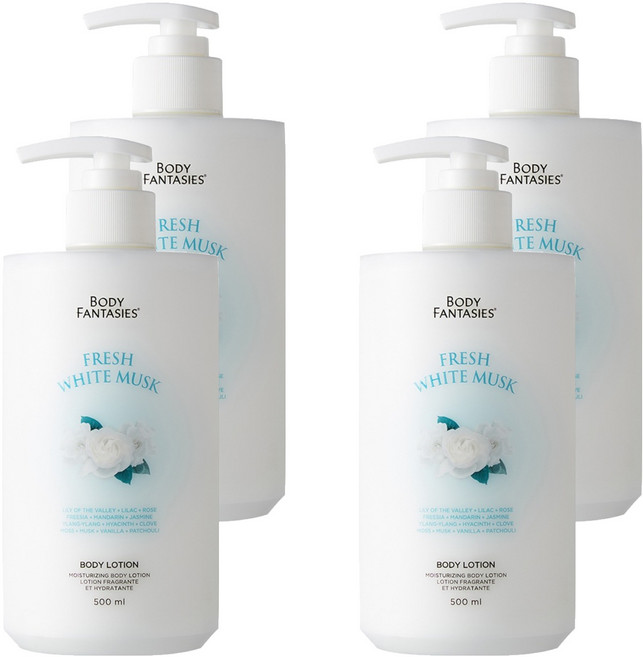 바디판타지 모이스처라이징 바디로션 프레시 화이트 머스크, 4개, 500ml