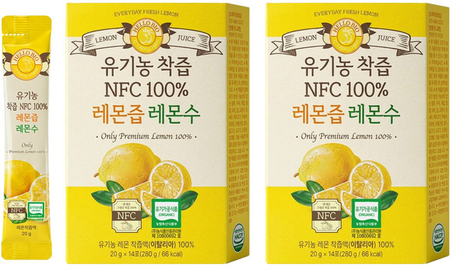 헬로바이오 유기농 착즙 NFC 100퍼센트 레몬즙, 280g, 2개