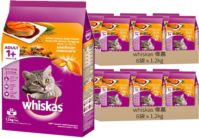 whiskas 偉嘉 貓飼料 1歲以上成貓適用, 烤鮭魚口味, 1.2kg, 12袋