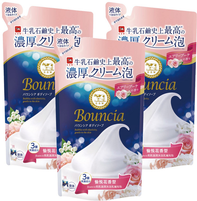 COW STYLE 牛乳石鹼 Bouncia 美肌滋潤沐浴乳補充包 愉悅花香, 360ml, 3包