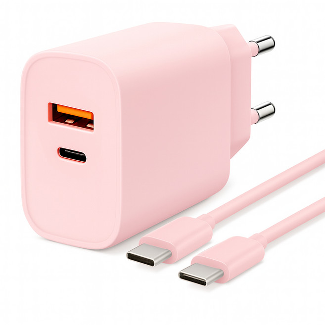 홈플래닛 PD 3.0 25W 2포트 PPS 초고속 충전기 + 60W CtoC 케이블 세트, 핑크, 1개